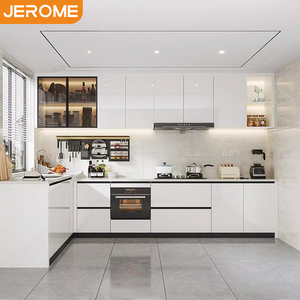 Juego de armarios con acabado esmaltado moderno Readymade, armarios de cocina de madera lacada de alto brillo blanco con fregadero y estufa - Product Image 2
