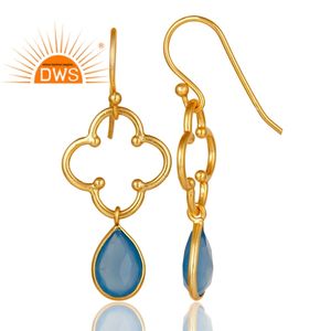 Blue Chalcedony Gemstone Earrings Flower Designer 18k Gold Plated 925 Silver Earrings Jewelry Manufacturer - Product Image 3