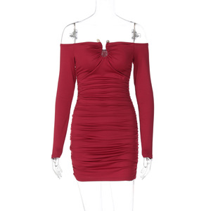 เดรสสั้นรัดรูปแขนยาวเปิดไหล่สำหรับผู้หญิง แต่งระบาย คอรูปตัวยู เหมาะสำหรับงานปาร์ตี้ แฟชั่น - Product Image 5