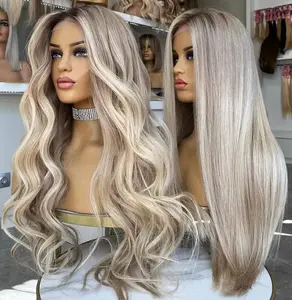 Rambut tebal abu pirang warna terang tubuh panjang gelombang Virgin Remy kutikula rambut manusia 13x4 transparan renda depan wig untuk wanita