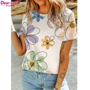 Dear-Lover Wholesale Fashion Cute Summer Flower Print Casual Round Neck Graphic Tee T Shirts For Women