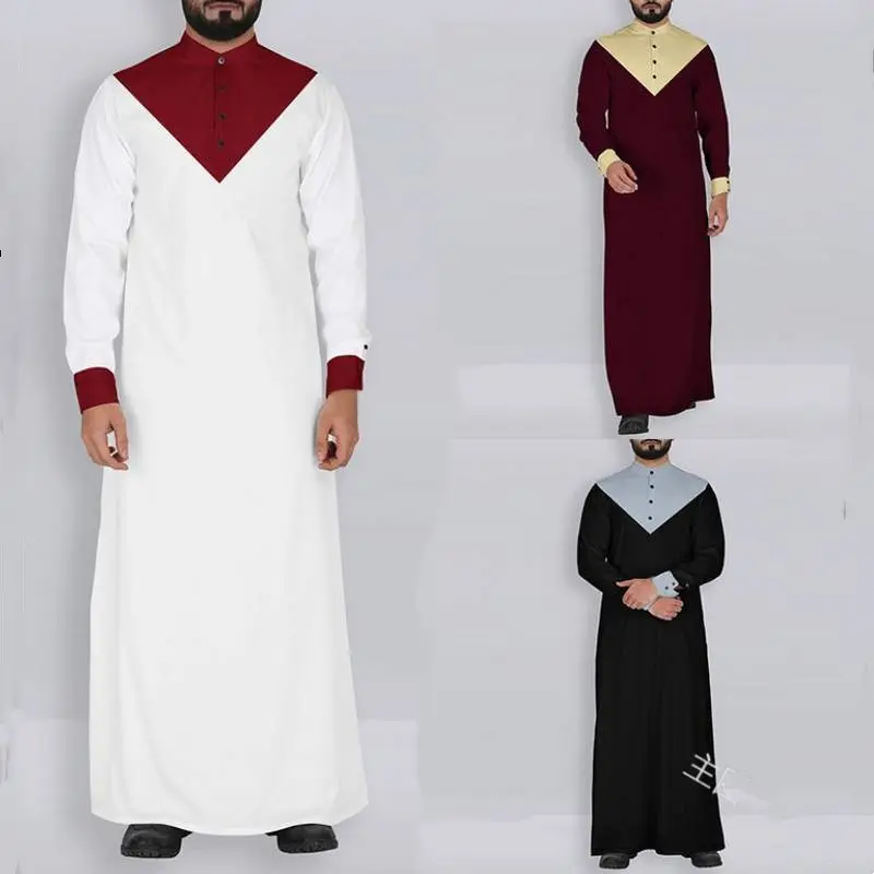 Omani Pakaian Tradisional Eid Jubah Pria Timur Tengah Patchwork Berdiri Kerah Dubai Gaya Baru Pria Thobe