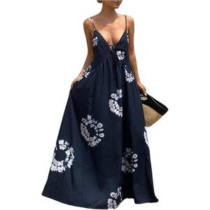 Robe longue bohème personnalisée pour femme, imprimé floral, dos nu, col en V profond, sans manches, coupe trapèze, en mousseline fluide, taille empire - Product Image 2