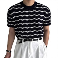 Pull tricoté à manches courtes pour homme, à rayures ondulées et ajouré, col rond, respirant, style preppy, en maille de soie glacée, polyester et coton