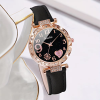 Nouvelle montre pour femme avec cadran étoilé, montre à quartz tendance, montre-bracelet noire et 5 bracelets en forme de feuille et de cœur
