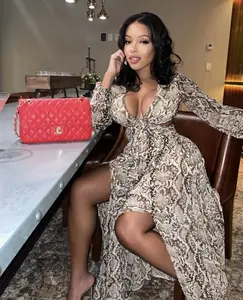 Robes longues élégantes et tendance pour femmes, style vintage, à manches longues, avec fente, imprimé animal, pour soirée d'automne - Product Image 1