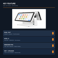 Terminal de point de vente tactile capacitif à double écran 15,6 pouces tout-en-un avec écran client, processeur Intel I3, 8 Go de RAM, SSD 128 Go, Windows