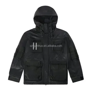 Manteau en cuir à revers pour hommes en cuir noir Impression personnalisée Veste à capuche avec ruban tissé Manteau en cuir cargo épaissi Vestes pour hommes