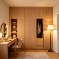 Armoire moderne minimaliste en chêne avec miroir de maquillage à cadre doré, étagères ouvertes, tiroirs, multifonctionnelle, autoportante pour chambre à coucher