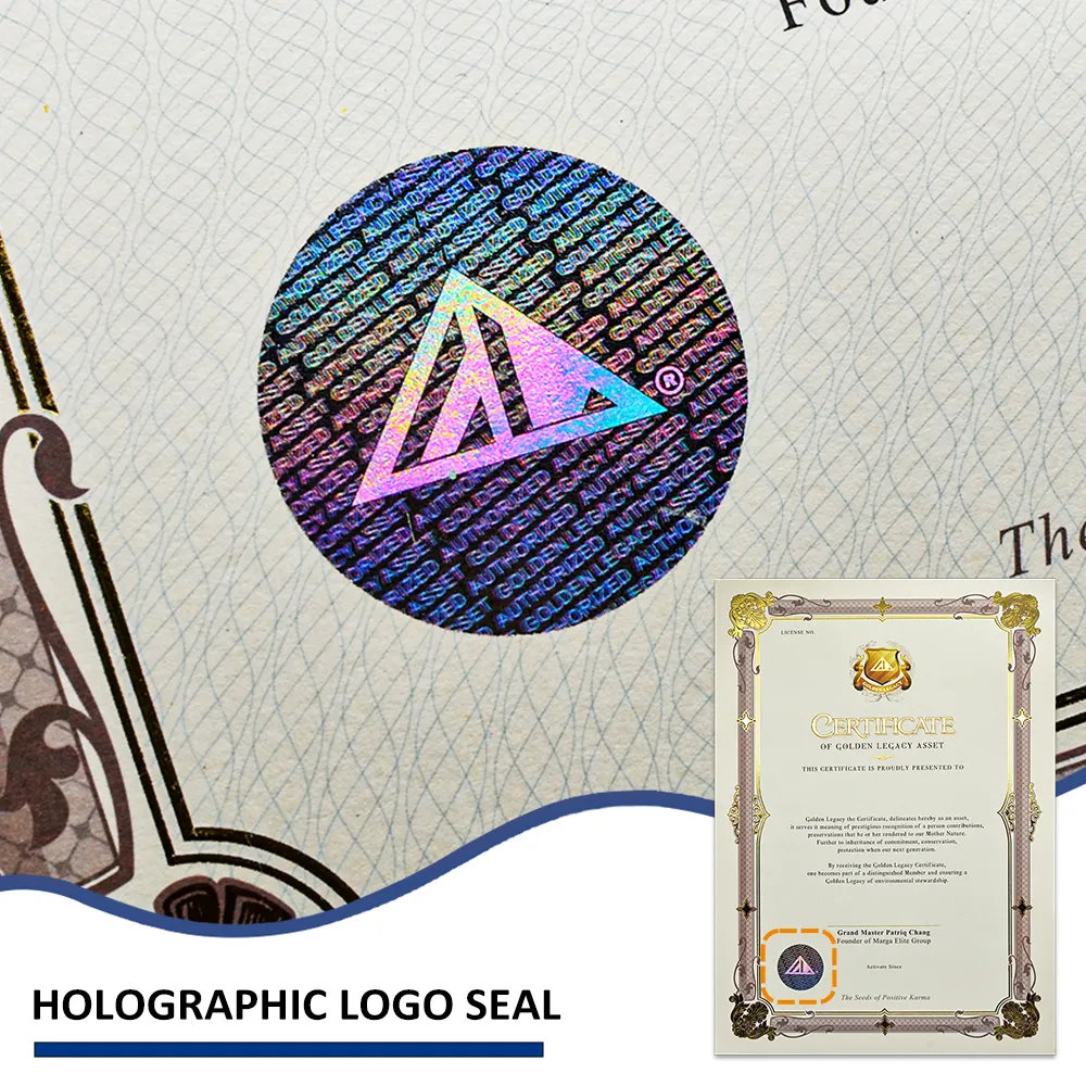 Kertas sertifikat OEM kustom A3 dengan segel hologram dan kertas cetak sertifikat keamanan timbul Foil emas