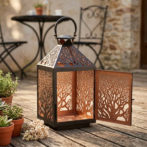 Lanterne porte-bougie en fer noir moderne au design populaire, faite à la main, avec découpes d'arbres personnalisables, bicolore, style marocain - Product Image 6