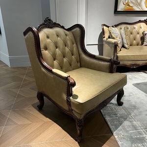 Juego de Sofás de Cuero Genuino de Nogal Clásico de Lujo Europeo, Adecuado para Salas de Estar, Hoteles y Apartamentos - Product Image 3