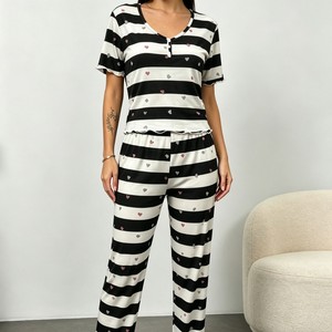 Ensemble de pyjama côtelé pour femme à imprimé dessin animé, col en V, haut court à manches courtes à demi-boutonnage et volants, <span class=keywords><strong>pantalon</strong></span> long à jambes larges, vêtements d'intérieur - Product Image 3