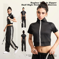 Ensemble de sport pour femme, t-shirt color block printemps-été, cardigan à col montant mi-long, fermeture éclair, style tendance