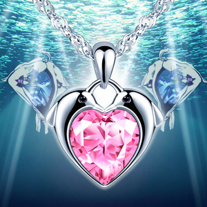 Collar de Plata de Ley 925 con Corazón de Delfín y Piedra Rosa para Niñas, Disponible en Existencia - Product Image 1