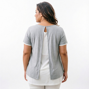 Maglietta Premaman e <span class=keywords><strong>Allattamento</strong></span> a Strati Grigia Taglie Forti, Girocollo a Maniche Corte, Top Pull-Over per Donne <span class=keywords><strong>in</strong></span> <span class=keywords><strong>Gravidanza</strong></span> e <span class=keywords><strong>Allattamento</strong></span> - Product Image 3