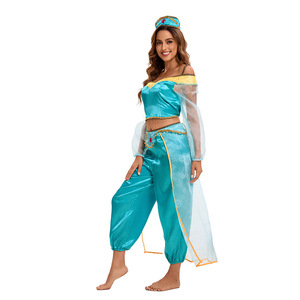 Jasmine Princess Costume Women Satin Off Shoulder Top <b>Pants</b> Headwear Halloween Cosplay Fairy Tale Dress - Product Image 4