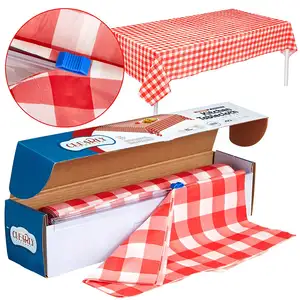 Kırmızı onay piknik/parti tek kullanımlık plastik masa örtüsü rulo kendinden kesici kutusu, masa örtüsü rulosu