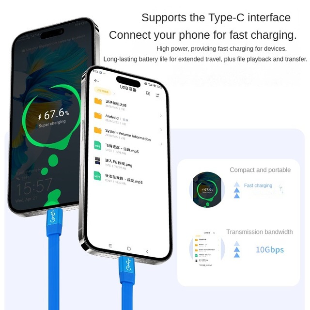 Works with Mobile Hard Drives Phones Laptops Consoles USB-A to USB-C 3.0 Flat Cable 10Gbps 3A Fast Charging