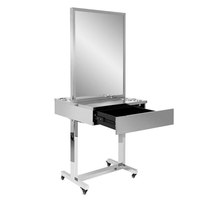 Station de coiffure mobile en acier inoxydable avec miroir, tiroir et supports pour outils de coiffure