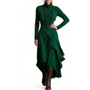 Vestido largo maxi de cuello alto para mujer, de manga larga, con volantes asimétricos, ajustado al cuerpo, a la moda - Product Image 1