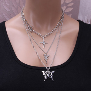 Collier superposé tendance avec pendentif papillon en chaîne argentée, chaîne de pull rétro multicouche, bijoux en argent tibétain au design géométrique - Product Image 1