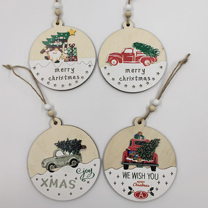 Christmas Wooden <b>Ornaments</b> Round <b>Car</b> Tree Design With Hemp Rope For Home Decoration - Product Image 1