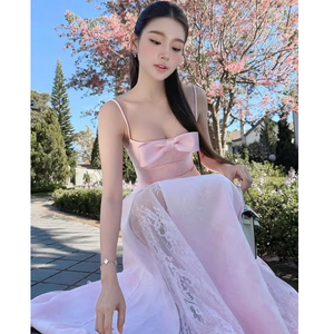 Robe de soirée longue élégante rose clair pour femme, bretelles spaghetti, nœud, robe de bal personnalisée OEM/ODM, robe de soirée estivale douce - Product Image 1