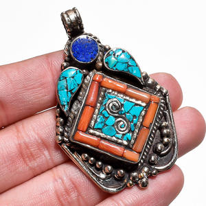 Joyería de plata tibetana, joyería colgante de lapislázuli de coral turquesa natural, fabricante de joyería de plata antigua, joyería personalizada - Product Image 5