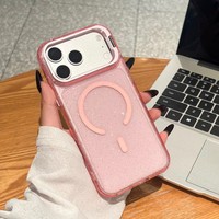 Coque de téléphone PC magnétique à paillettes compatible avec support d'objectif pour 18 Pro Max et 17, étui rigide translucide antichute