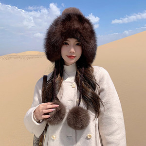2025 épais chaud élégant doux tricoté fourrure de renard Pom Pom vison chapeau tissé cache-oreilles chapeau Sable fourrure femmes hiver chapeaux avec des cordes - Product Image 3