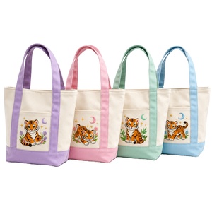Custom Logo Cute Embroidered Tiger <b>Canvas</b> <b>Tote</b> <b>Bag</b> Pastel Color Block Mini Shoulder Shopping <b>Bag</b> with Front Pocket for Daily Use - Product Image 1