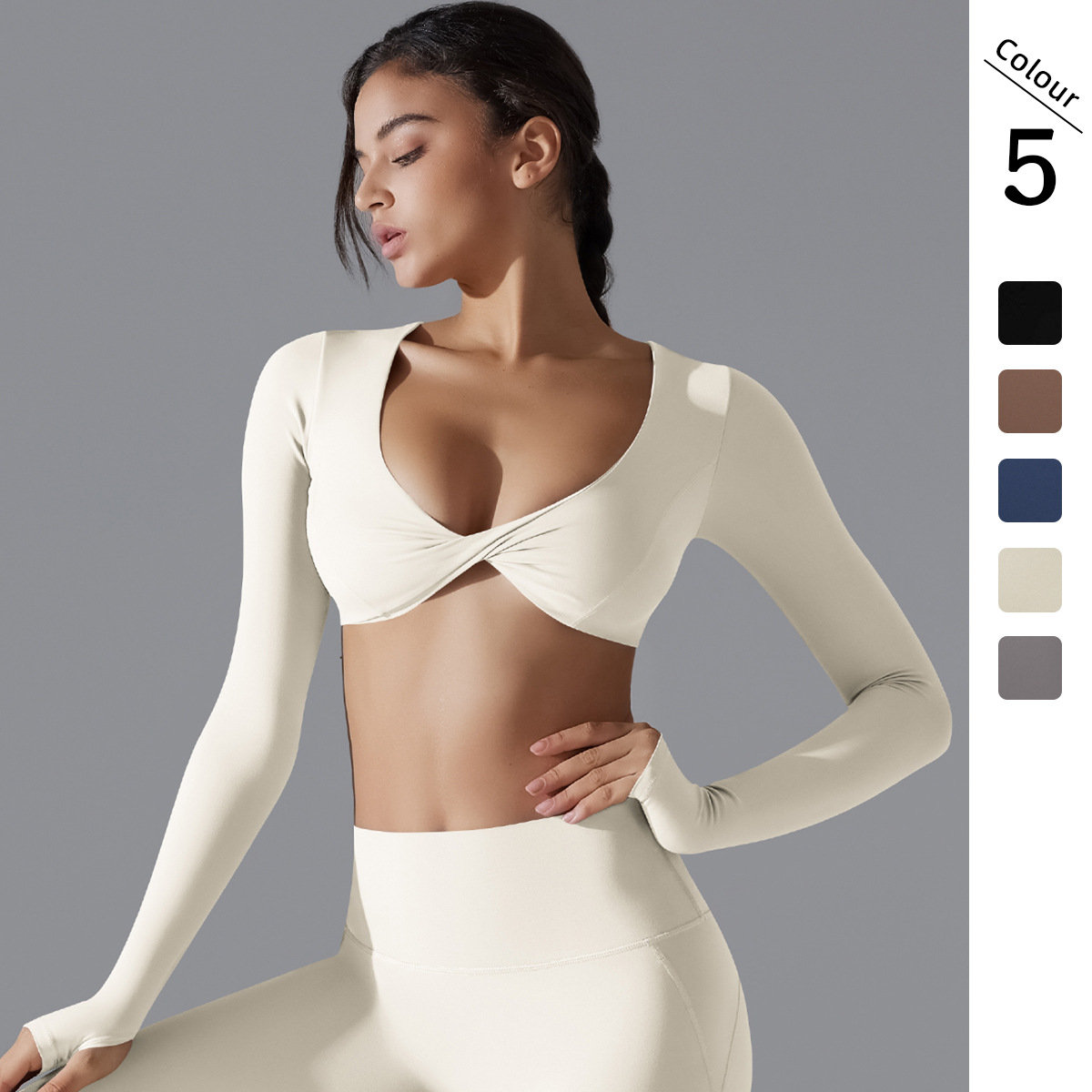 New Sports Long-sleeved Fitness Women's Deep V-neck Slim-fit Breathable Nylon Spandex Solid Color Instagram Style Yoga