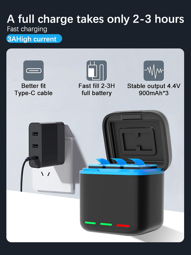 Hongdak New Box with 3ps Fast Charging Battery Kit Set for GoPro Hero 12/11/10/9 Camera gopro Battery