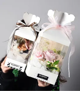 Chengruo Custom Emballage Caja Regalo מתקפל אקריליק שקוף חלון פרח מתנת נייר תיבת אריזה עם סרט