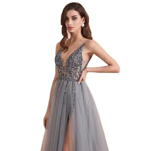 Sexy V-neck Long Prom Dresses 2022 Beaded Beading Crystal High Splits Backless A-line Formal Gown Party Dress