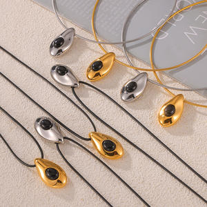 Kalung tali kulit ukir kustom dengan liontin Droplet batu akik perhiasan Boho baja tahan karat dapat diatur untuk wanita - Product Image 6