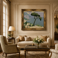 Pintura al Óleo de Paisaje Mediterráneo Vintage sobre Lienzo, Hecha a Mano, Tamaño Personalizado, con Marco Dorado, Arte de Pared para Decoración de Sala de Estar