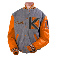 Veste universitaire en molleton de coton gris chiné pour homme KVJ101, manches en cuir brodé, patch en chenille, personnalisable, style Letterman