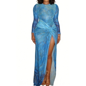 เดรสยาวพิมพ์ลายใบไม้ซีทรูสำหรับผู้หญิง แขนยาว ช่วงเอวเข้ารูป ผ่าสูง เหมาะสำหรับงานกลางคืน แฟชั่นชุดเดรส - Product Image 1