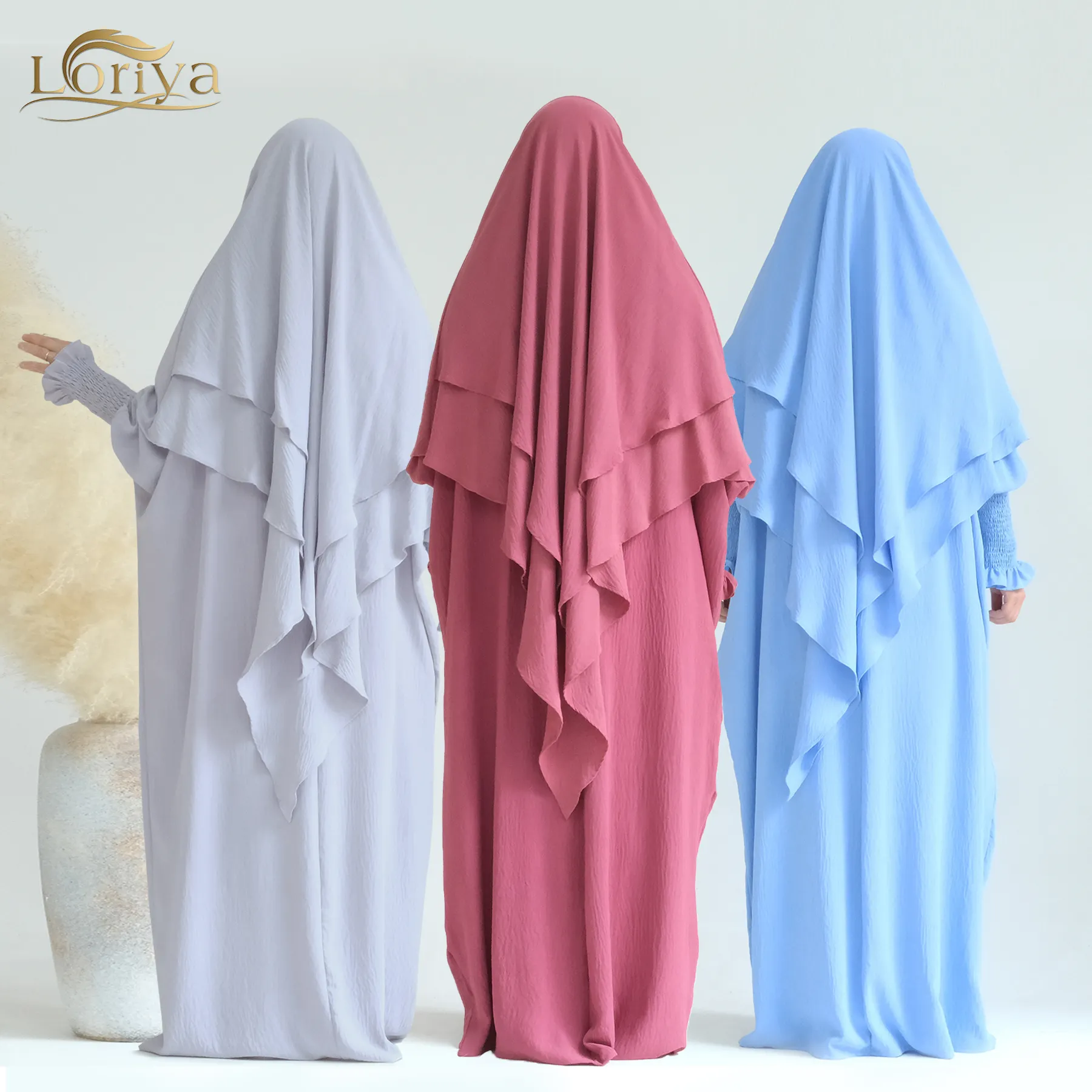 2023 última moda Loriya modesto Abaya conjunto musulmán mujeres oración Jilbab Khimar Niqab conjunto con 2 capas Hijab Abaya vestido musulmán