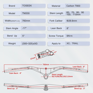 TOSEEK <span class=keywords><strong>MTB</strong></span> 碳纤维车把一体式 28.6 毫米超轻内置电脑支架 越野越野马拉松耐力赛 - Product Image 2