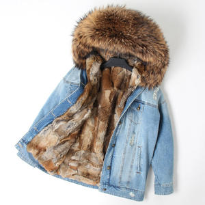 Parka in Denim cappotto in pelliccia Jeans Parka pelliccia di procione <span class=keywords><strong>giacca</strong></span> da donna con pelliccia di procione con cappuccio, abbigliamento invernale Plus Size - Product Image 2