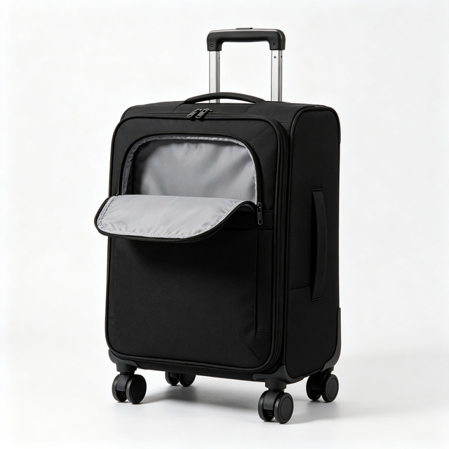 Softside Carry on Suitcase Black TPU Fabric with Lock Fixed Casters Lined Front Zip Compartment Top Handle for Business Trip