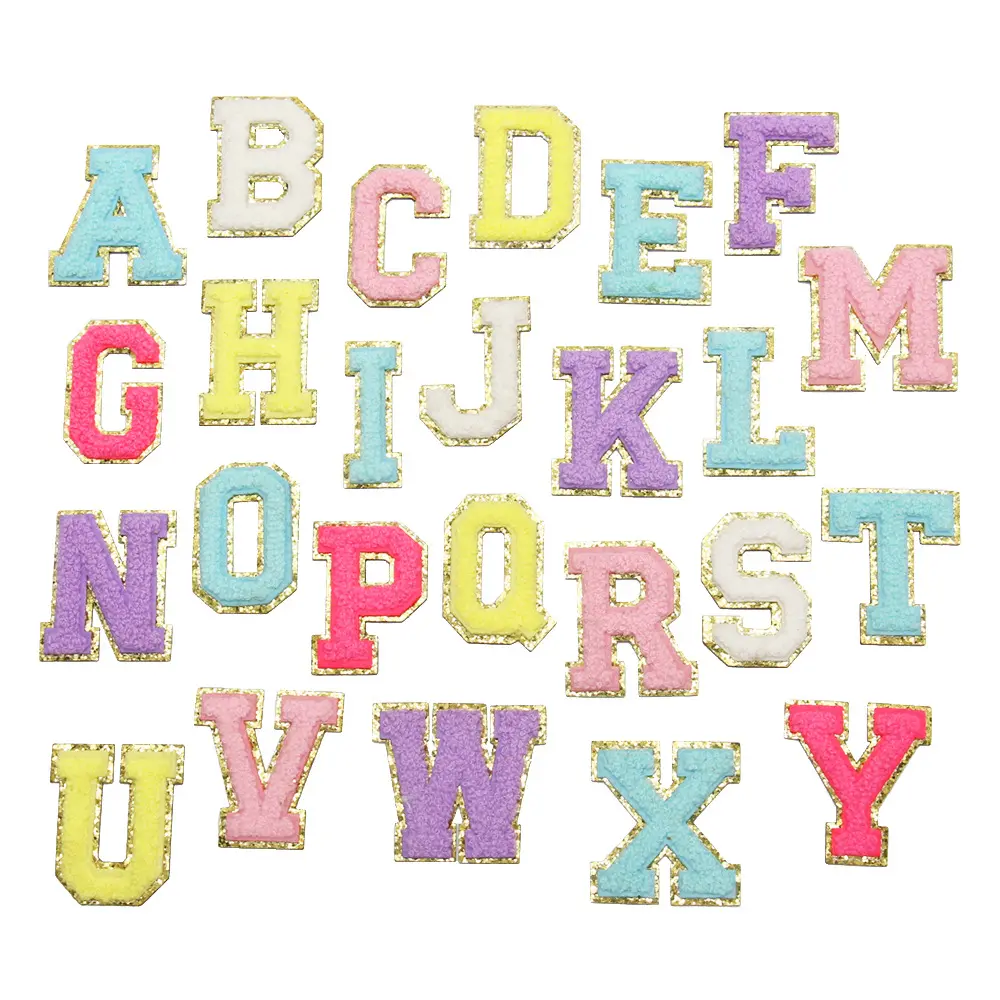 Bordure anglaise lettre sur adhésif Alphabet Appliques vêtements Chenille lettre Patch or A-Z fer broderie personnalisée 3D patchs