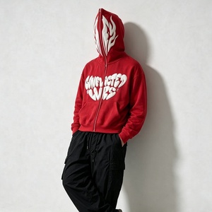 Felpa Corta da <span class=keywords><strong>Uomo</strong></span> con Zip Integrale e Ricamo 3D a Cuore Fiammeggiante, Cerniera in Metallo per Streetwear Hip Hop Personalizzato OEM - Product Image 6