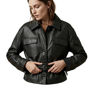 <b>Women's</b> <b>Black</b> Textured Faux Leather Motorcycle Jacket Turn Down Collar Patch Pockets Belted Waist Autumn <b>Coat</b> - Product Image 1