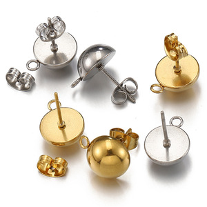 Half Ball Stud <b>Earring</b> Base | 18K PVD Gold Plated Stainless Steel Dome <b>Post</b> with Loop for DIY Drop <b>Earrings</b> Making - Product Image 1