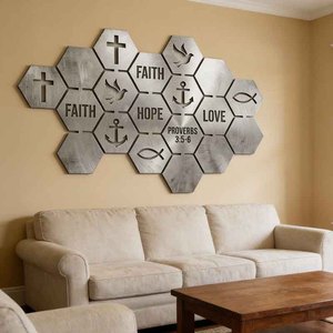 Arte Mural Metálico Cristiano Modular, Hexágonos de Acero Reciclado Cortados con Láser, con Versículos Bíblicos y Símbolos Religiosos para Decoración del Hogar - Product Image 2