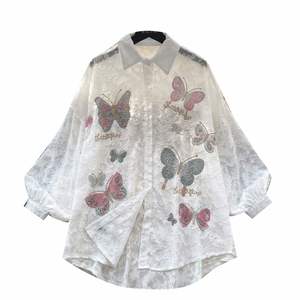 Blusas de malla casuales de manga larga con cuello para mujer, camisas elegantes bordadas con mangas abullonadas para mujer, ropa de primavera - Product Image 5
